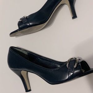 Navy Peep Toe Pumps